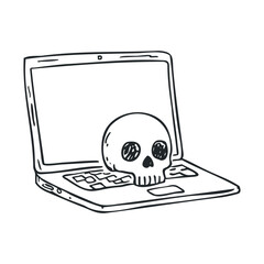 Laptop with a skull symbolizing digital demise and technology issues. Halloween vector illustration