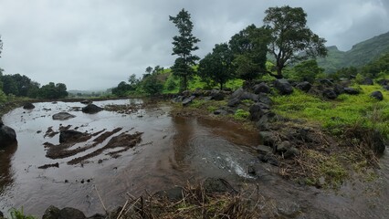 Fototapeta premium Rainwater Flowing Through Rocks in a Green Monsoon Landscape