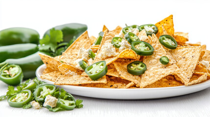 Crispy tortilla chips topped with fresh jalapenos and creamy cheese, creating delicious snack. Perfect for gatherings or movie nights