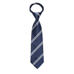 Navy blue tie with white stripes, elegant knot, formal wear accessory, isolated on white background