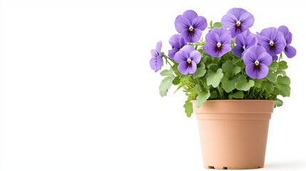 Pansy flowers in terracotta pot display vibrant purple petals and lush green leaves, adding beauty to any space