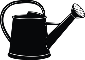 Classic black silhouette watering can vector illustration, gardening irrigation equipment, metal garden water container, farming supply icon, backyard landscaping tool design