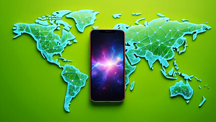 Global connectivity smartphone with cosmic display on green background world connection