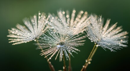 Delicate dandelion seed heads adorned with morning dew drops