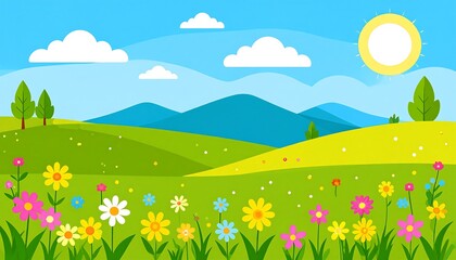 Vibrant sunny landscape with rolling hills, wildflowers, and a clear blue sky