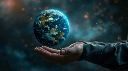 Man hand holding digital Earth planet representing global technologies concept