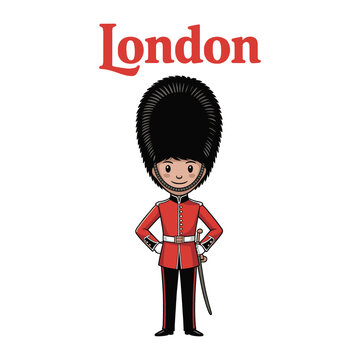 Cute cartoon of a London Queen's Guard soldier. A traditional British beefeater in red uniform and bearskin hat vector illustration.