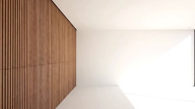 Interior view Slatted wood wall meets white wallsfloor window on right