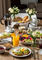 Elegant breakfast spread featuring vibrant fruits, avocado toast, coffee, and floral arrangements