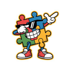 Cool puzzle piece character doing a dab dance pose. A colorful and fun mascot for autism awareness and teamwork concepts vector illustration.
