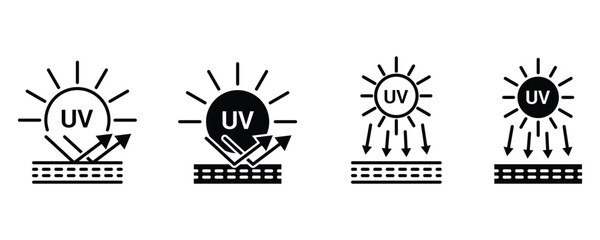 UV protection sign. Ultraviolet Rays Silhouette Black or outline Icon set. Sunblock Protection Defense Skin Care Icon. Sun UV Arrow Protect Radiation Glyph Pictogram.