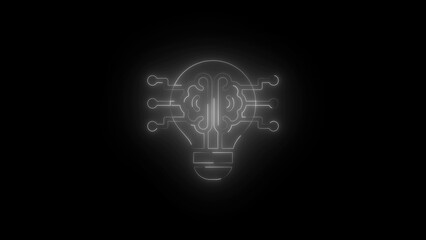 White neon brain light bulb with circuit connections on black background idea innovation