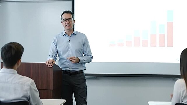 Man giving presentation at a lectern with bar graph on the screen