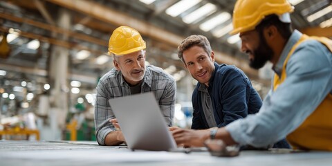 Construction professionals collaborating on project plans inside a large workshop during daylight hours