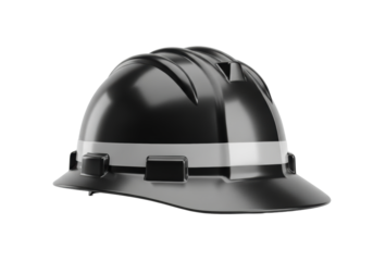 A matte black construction hard hat with a wide brim and reflective silver stripe, isolated on a transparent background with soft studio light, concept of industrial safety