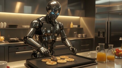 Fototapeta premium A highly detailed, sleek silver robot with glowing blue eyes is shown in a modern, futuristic kitchen, expertly flipping pancakes on a griddle