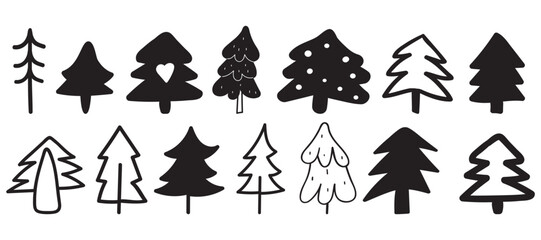 Set of hand drawn Christmas trees. Vector hand drawn illustrations. Outline and silhouette graphic design.