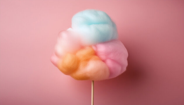 colorful cotton candy on stick against soft pink background