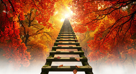 Ascending Wooden Staircase Through Vibrant Autumn Forest Towards Radiant Golden Sunlight.