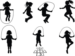 Obraz premium Silhouette of children playing jump rope and hopscotch, kids outdoor activity illustration, childhood fun vector, playground games, active lifestyle, healthy exercise silhouette