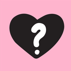 Black heart and question mark inside. Vector illustration on pink background.