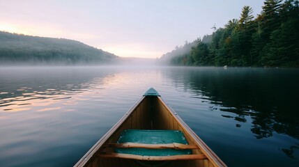 Fototapeta premium Calm morning canoe ride on a misty lake surrounded by dense forest in early daylight hours