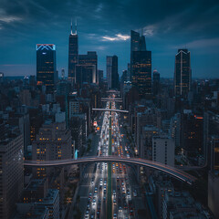Fototapeta premium Illustration of aerial view of a modern city skyline at night with illuminated skyscrapers and busy streets