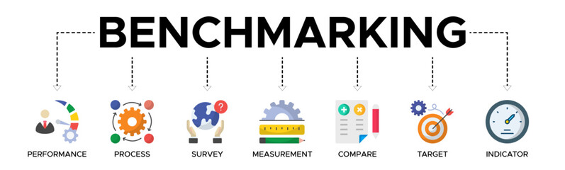 Naklejka premium Benchmarking banner web icon vector illustration concept for the idea of business development and improvement with an icon of performance, process, survey, measurement, compare target, and indicator