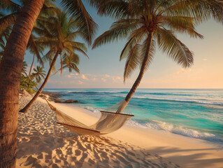 Tropical Beach with Hammock at Sunset