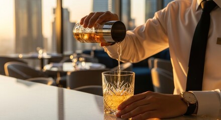 Bartender Pouring a Drink at a Modern Bar with a City View.