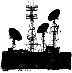 Obraz premium Grunge black and white silhouette of rooftop antennas with industrial urban theme
