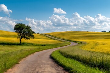 Obraz premium Quiet rural road passing by tilled fields and thriving meadows 