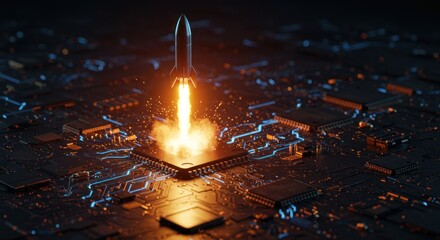 Rocket launching from a platform with bright flames and dark surroundings.