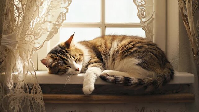 A charming video of a tabby cat peacefully napping on a sunny windowsill with lace curtains,