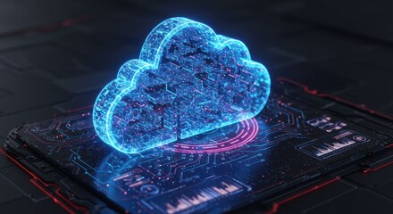 Glowing blue cloud symbol sits atop a dark reflective surface with red accents.