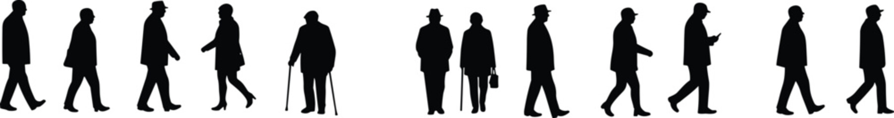 Silhouette of walking people, men and women in different poses, elderly with cane, urban lifestyle vector illustration design