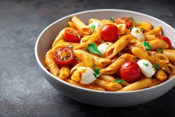 Pasta Dish with Tomatoes & Mozzarella, Served in Bowl on Dark Background