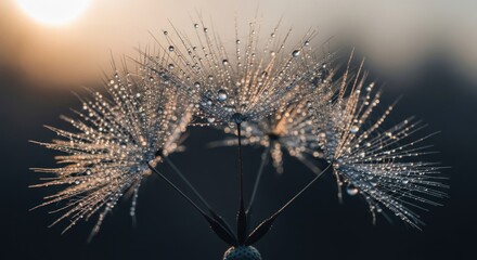 Dew-kissed dandelion seed head at sunset. A close-up view of a dandelion seed head, covered in glistening water droplets. The soft golden light of sunset bathes the scene