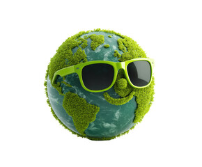 Earth in sunglasses, surrounded by greenery for eco friendliness on a transparent background, cut out.