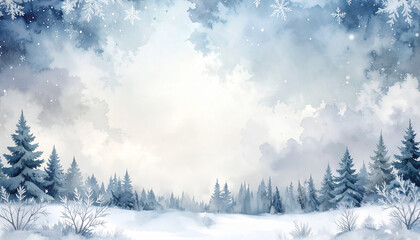 Atmospheric watercolor painting of a winter forest clearing with snow-covered trees and a decorative snowflake border