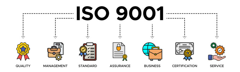 ISO 9001 banner web icon vector illustration concept with an icon of quality, management, standard, assurance, business, certification and service