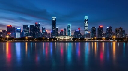 Cityscape reflection at night illuminated urban skyline architecture at dusk - Powered by Adobe