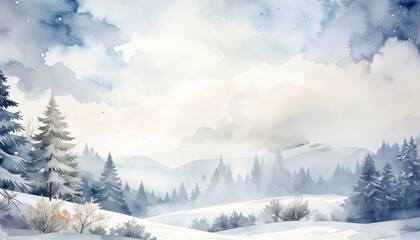 Idyllic watercolor landscape depicting a serene winter wonderland with snow-covered fir trees and distant, misty mountains under a soft, cloudy sky, radiating peaceful natural beauty