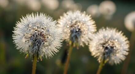 Dew-kissed dandelions in the morning light