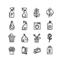 Collection of cleaning supplies and household items in outline style with plants and flowers icons set