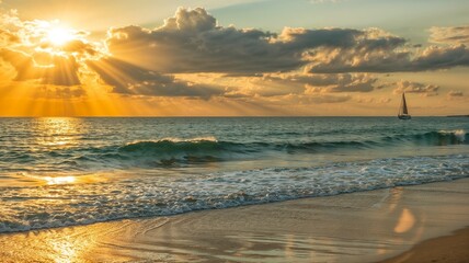 Golden sunset over ocean waves with sailboat on the horizon and dramatic sun rays breaking through clouds
