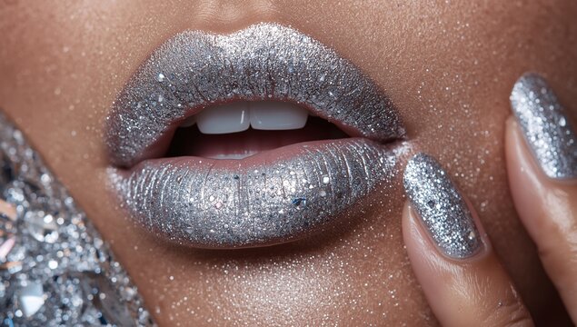 Close-up of lips coated in thick silver glitter lipstick, paired with matching glittery silver nails