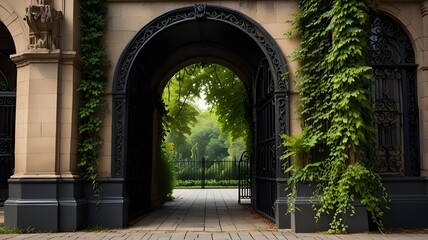 Obraz premium Ornate Black Iron Archway Entrance Overgrown with Greenery Leading to a Building 