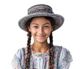 Cheerful young girl wearing a traditional hat in colorful attire on a transparent background, cut out.