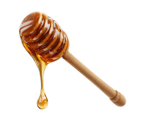 Sweet honey drizzling from a wooden dipper for healthy recipes on a transparent background, cut out.